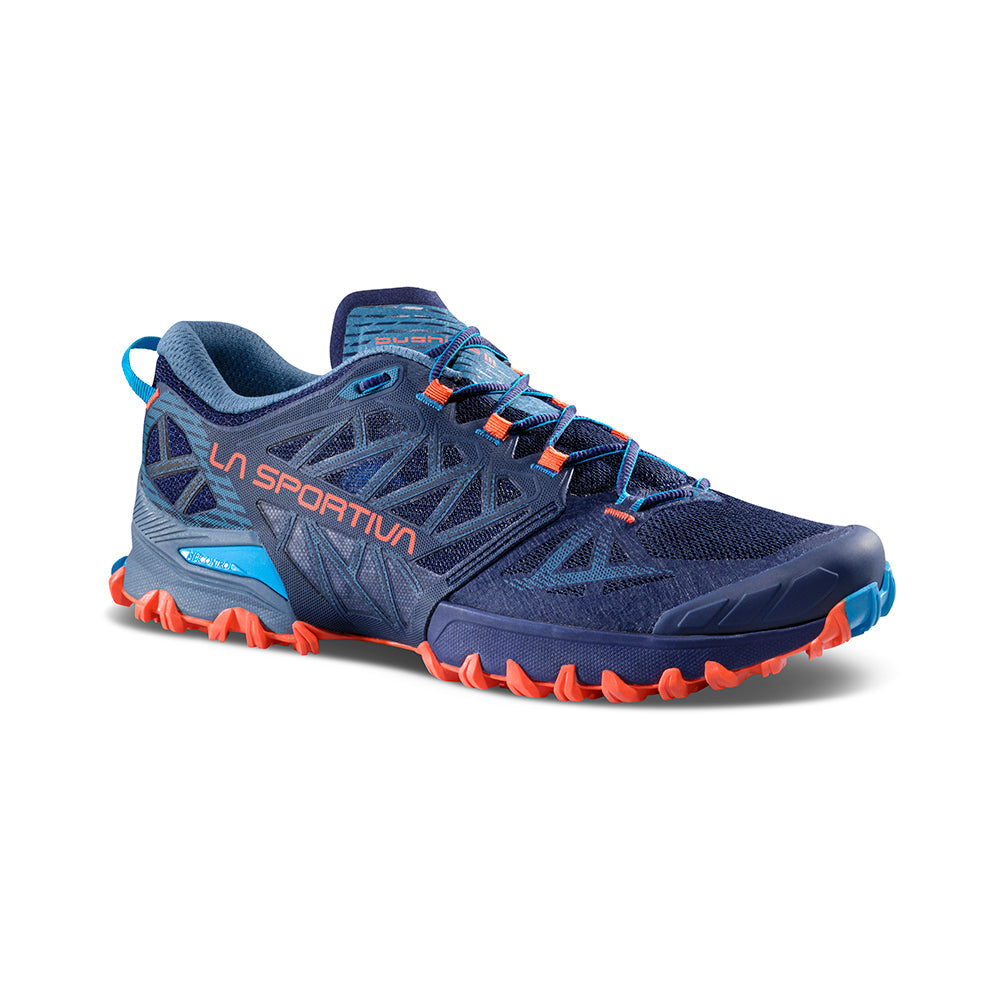 Bushido III - Men by La Sportiva in navy blue and orange, mountain running shoe for technical trails with durable grip and support