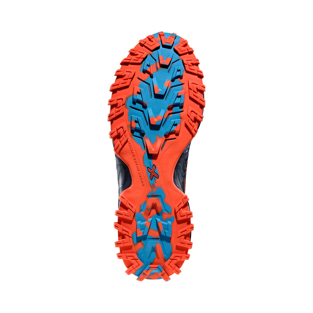 Bushido III - Men by La Sportiva in orange and blue, technical mountain running shoe with aggressive outsole for rugged trails and performance