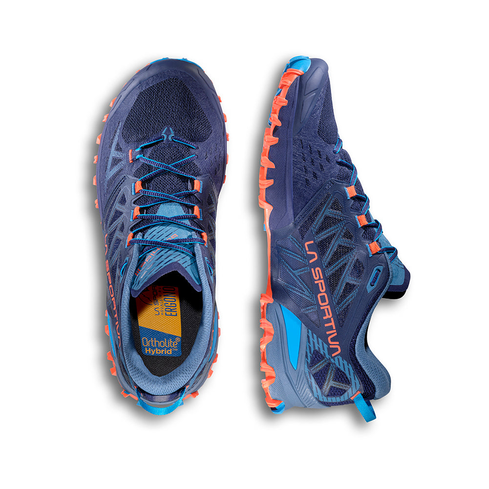Bushido III - Men by La Sportiva in navy and orange, technical mountain running shoes built for rugged trail performance and stability