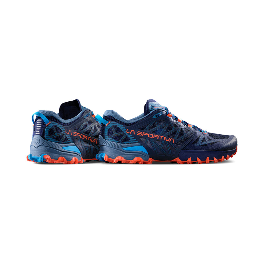 Bushido III Wide - Men by La Sportiva in navy and orange, technical trail running shoe designed for rugged mountain terrain and wide fit comfort