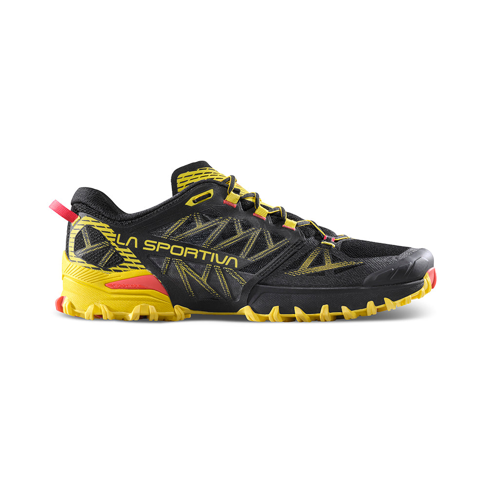 Bushido III - Men by La Sportiva in black and yellow, technical trail running shoe designed for rugged mountain terrain and precision grip