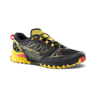 Bushido III - Men by La Sportiva in black and yellow, technical mountain running shoe for rugged trail performance and precision control