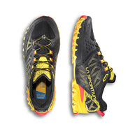 Bushido III - Men by La Sportiva in black and yellow, technical mountain running shoe designed for rugged trail performance and grip