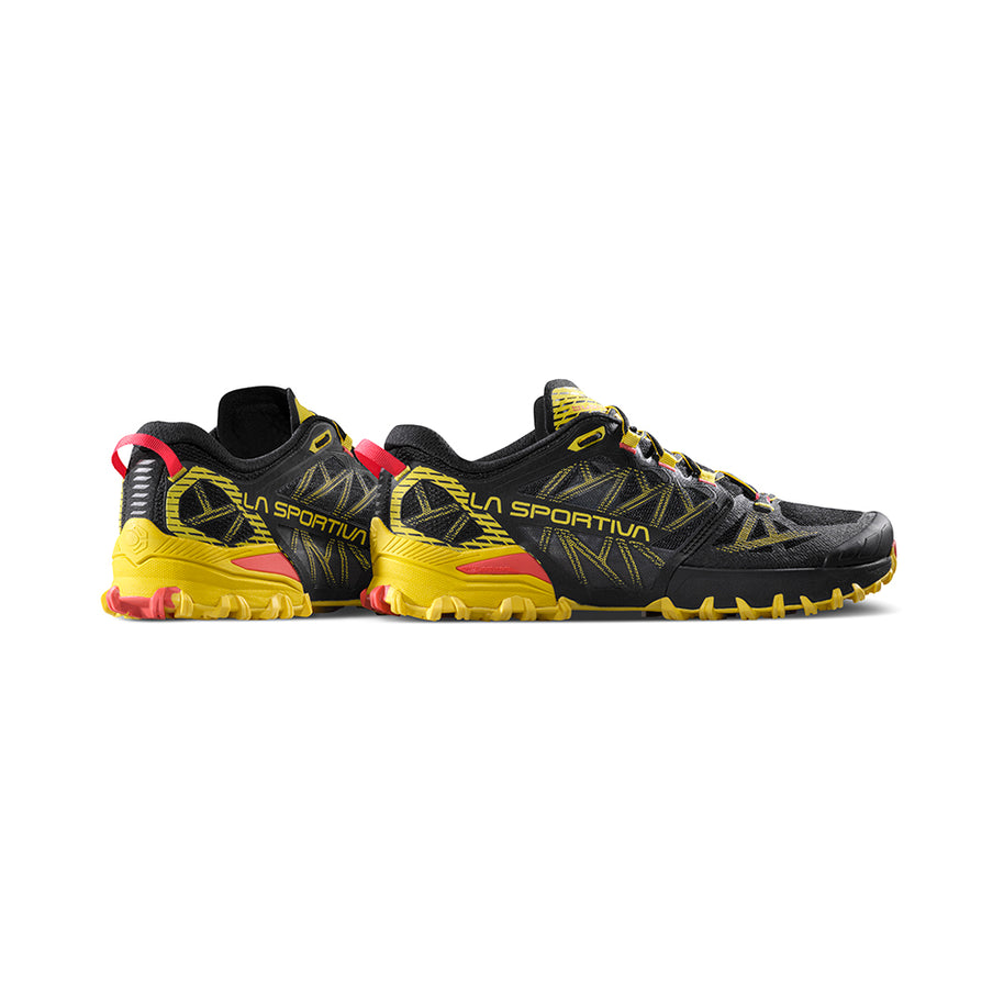 Bushido III - Men by La Sportiva in black and yellow, mountain running shoes for technical trails with durable grip and lightweight design