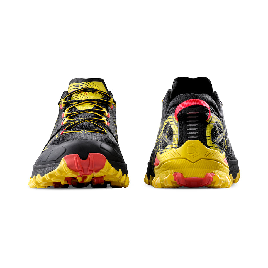 Bushido III - Men by La Sportiva in black and yellow with red accents, technical mountain running shoes for rugged trail performance