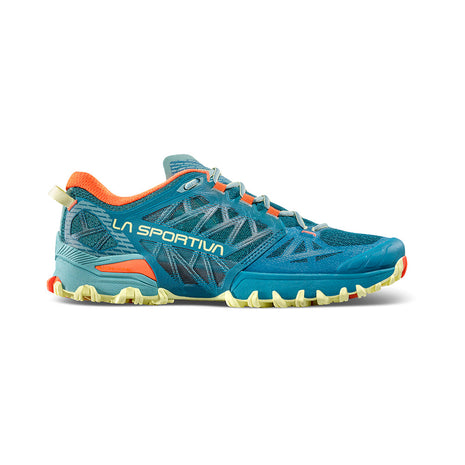 Bushido III - Women by La Sportiva in blue and orange, lightweight mountain running shoe built for technical trail performance and durability
