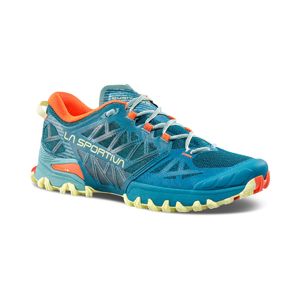 Bushido III - Women by La Sportiva in blue and orange, technical mountain running shoe for trail running and rugged terrain use