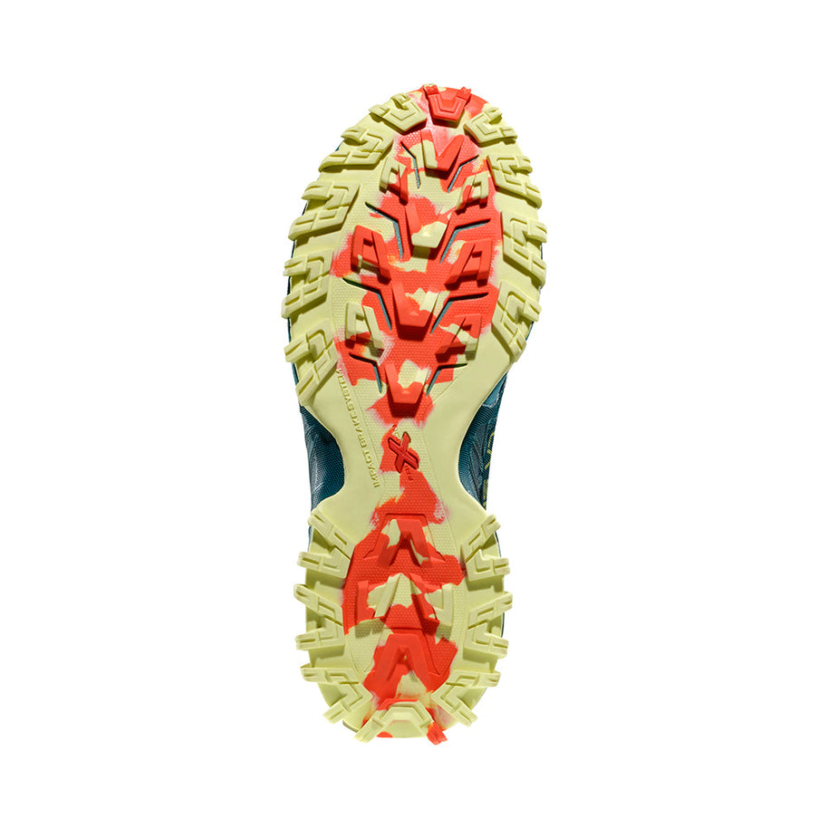 Bushido III - Women by La Sportiva in yellow and red durable sole designed for technical trail running and mountain performance
