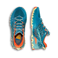 Bushido III - Women by La Sportiva in blue and orange, technical mountain running shoes with durable sole for trail running and rugged terrain