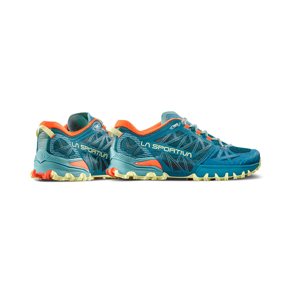 Bushido III - Women by La Sportiva in blue and orange, technical mountain trail running shoe for rugged outdoor running and trail use