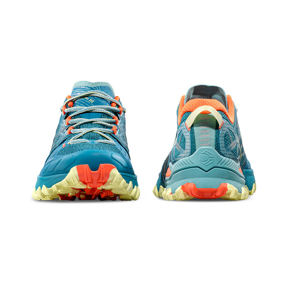 Bushido III - Women by La Sportiva in blue and orange, technical mountain running shoe for trail and rugged outdoor use