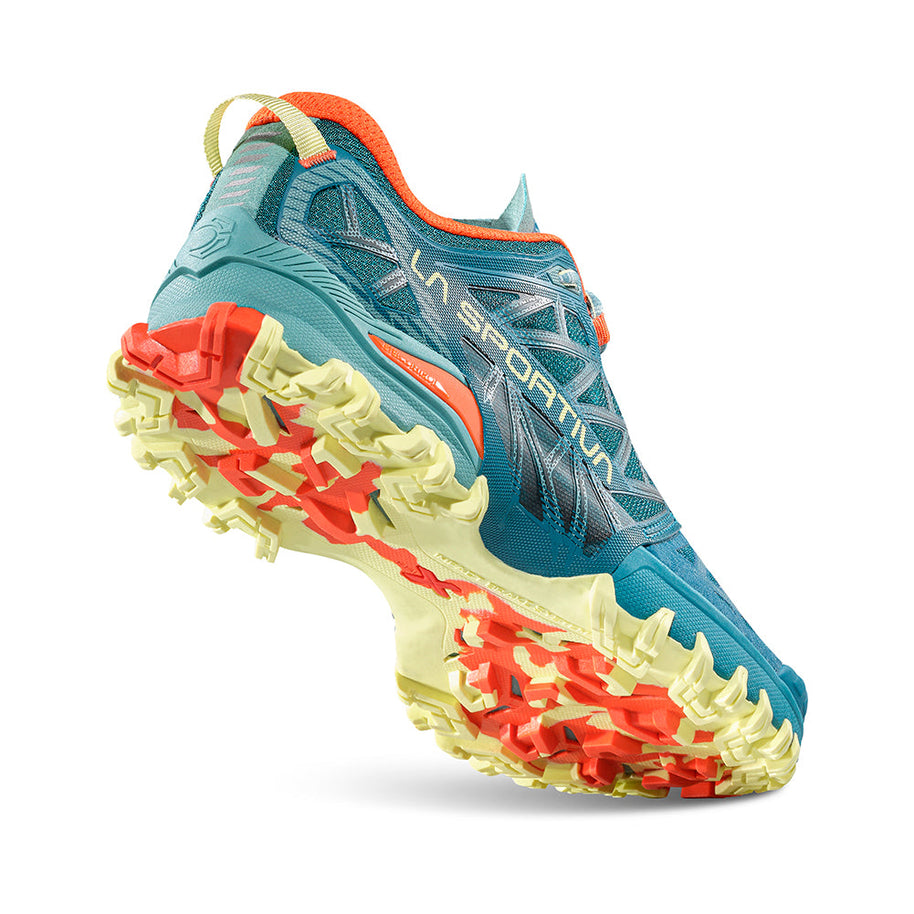Bushido III - Women by La Sportiva in blue and orange, mountain running shoe with aggressive grip for technical trail running