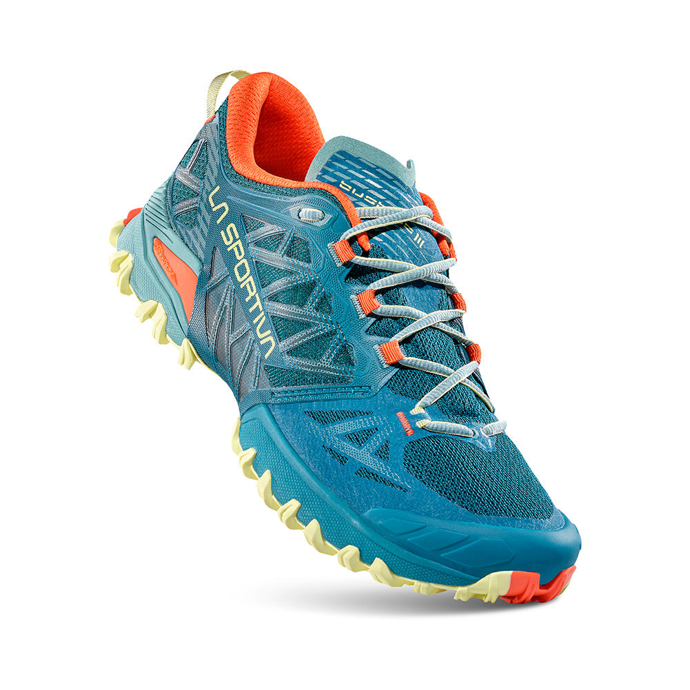 Bushido III - Women by La Sportiva in blue and orange, technical mountain running shoe for rugged trail performance and durability