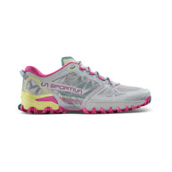Bushido III Wide - Women by La Sportiva in light grey, pink, and yellow technical trail running shoe for rugged mountain terrain and durability