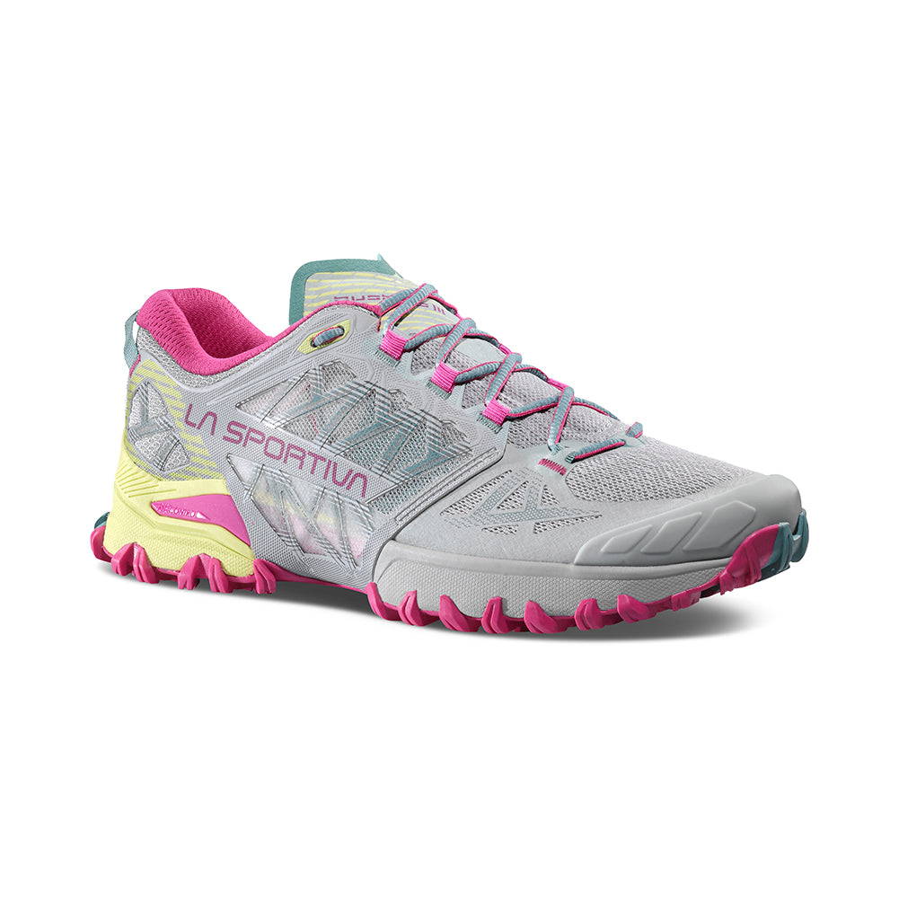 Bushido III - Women by La Sportiva in grey, pink, and yellow, technical mountain running shoe for rugged trail running and performance