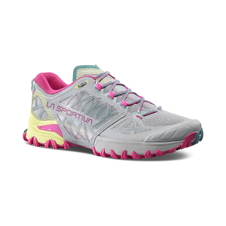 Bushido III - Women by La Sportiva in grey, pink, and yellow, technical mountain running shoe for rugged trail running and performance