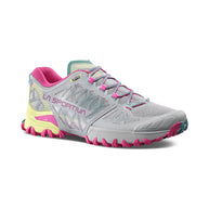 Bushido III - Women by La Sportiva in grey, pink, and yellow, technical mountain running shoe for rugged trail running and performance
