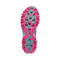 Bushido III - Women by La Sportiva in pink and teal, mountain running shoe with durable outsole for technical trail running and rugged terrain