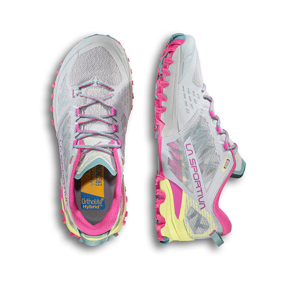 Bushido III Wide - Women by La Sportiva in white, pink, and yellow, mountain running shoe designed for technical trails and comfort
