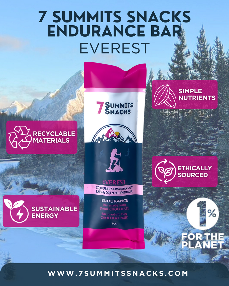 Everest Dark Chocolate Endurance Bar (30g) by 7 Summit Snacks in dark brown and pink with ethically sourced chocolate and added electrolytes for endurance