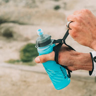 SkyFlask Speed by Hydrapak in blue with thumb loop, handheld hydration flask designed for runners to secure grip and conserve energy