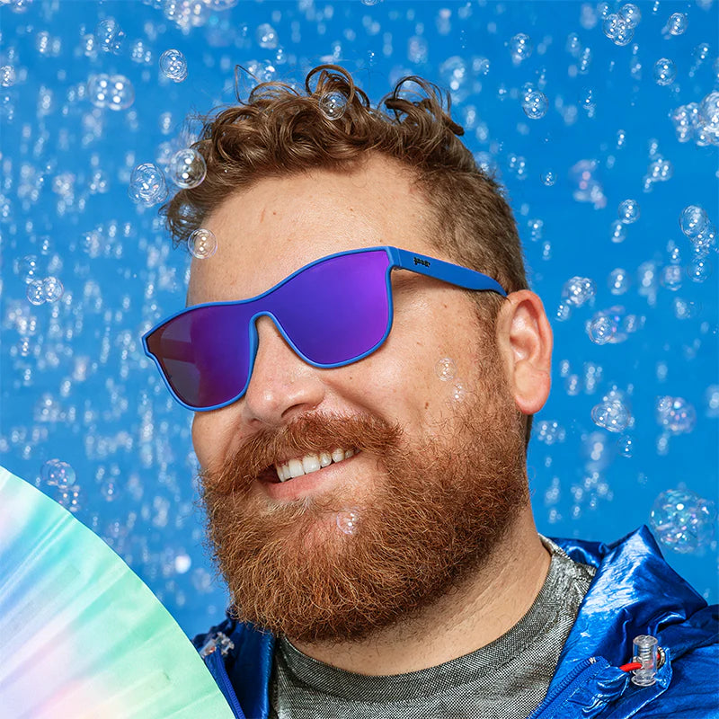 Best Dystopia Ever by Goodr in futuristic blue VRG sunglasses, lightweight glasses ideal for outdoor and running activities.