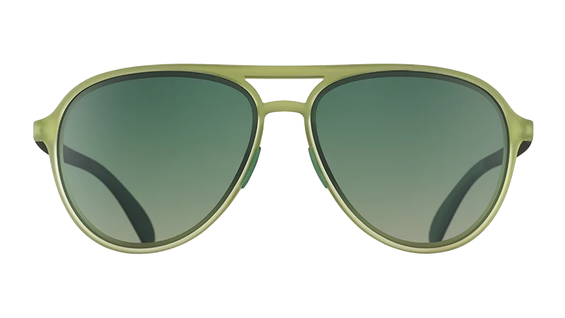 Buzzed On The Tower by Goodr in cadet green aviator sunglasses with polarized Top Gun lenses, no slip, no bounce design