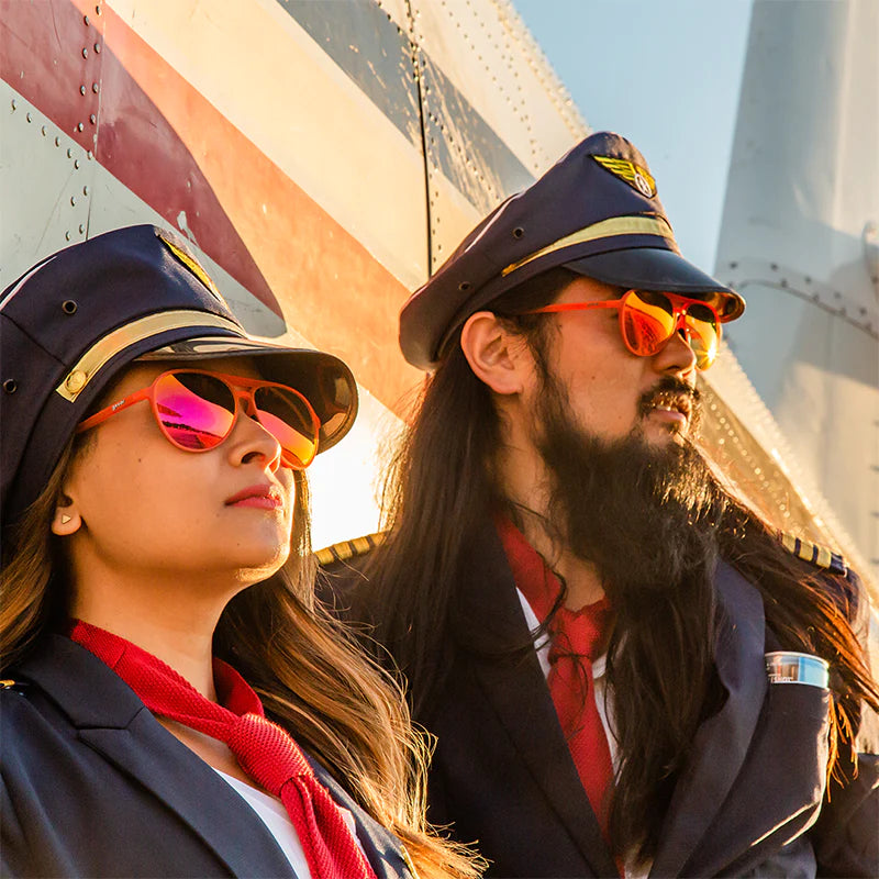 Captain Blunt's Red-Eye by Goodr in red and orange reflective aviator sunglasses with no slip, no bounce design made for larger heads