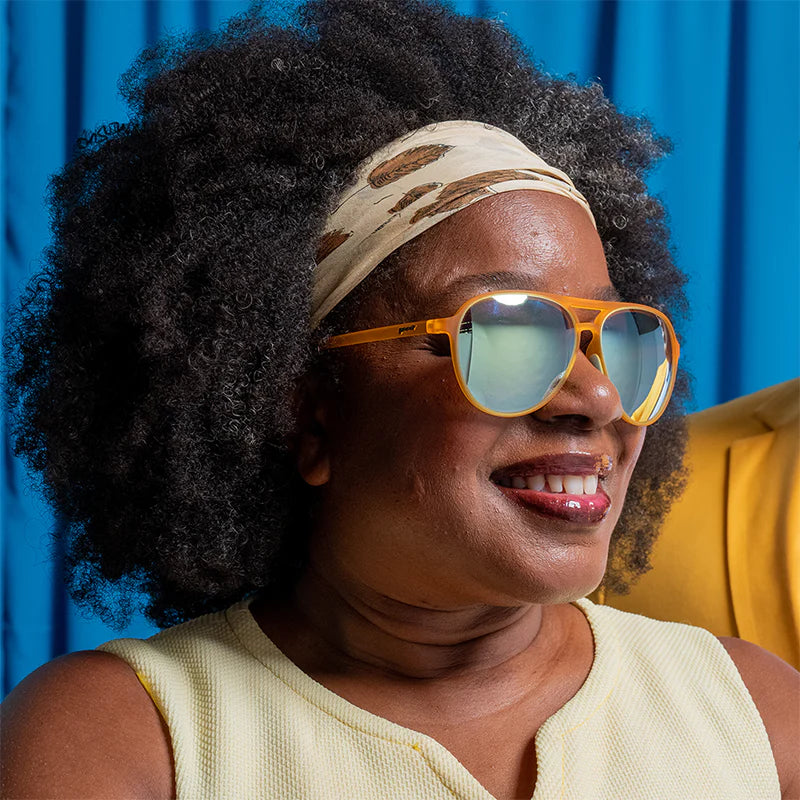 Cheesy Flight Attendant by Goodr in orange aviator frames with blue lenses, wider fit for bigger heads, stylish and functional sunglasses