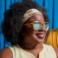 Cheesy Flight Attendant by Goodr in orange aviator frames with blue lenses, wider fit for bigger heads, stylish and functional sunglasses