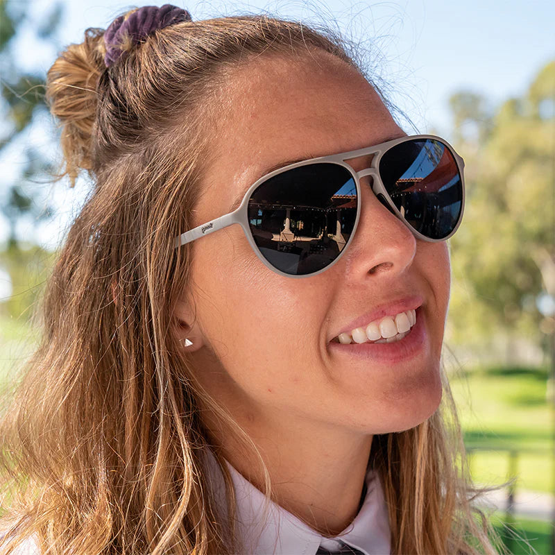 Clubhouse Closeout by Goodr in black and gray, polarized aviator sunglasses with no slip, no bounce for golf and clubhouse use