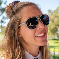 Clubhouse Closeout by Goodr in black and gray, polarized aviator sunglasses with no slip, no bounce for golf and clubhouse use