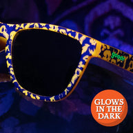 Exercise the Demons!!! sunglasses by Goodr in yellow and black glow-in-the-dark frames with black lenses, perfect for outdoor use