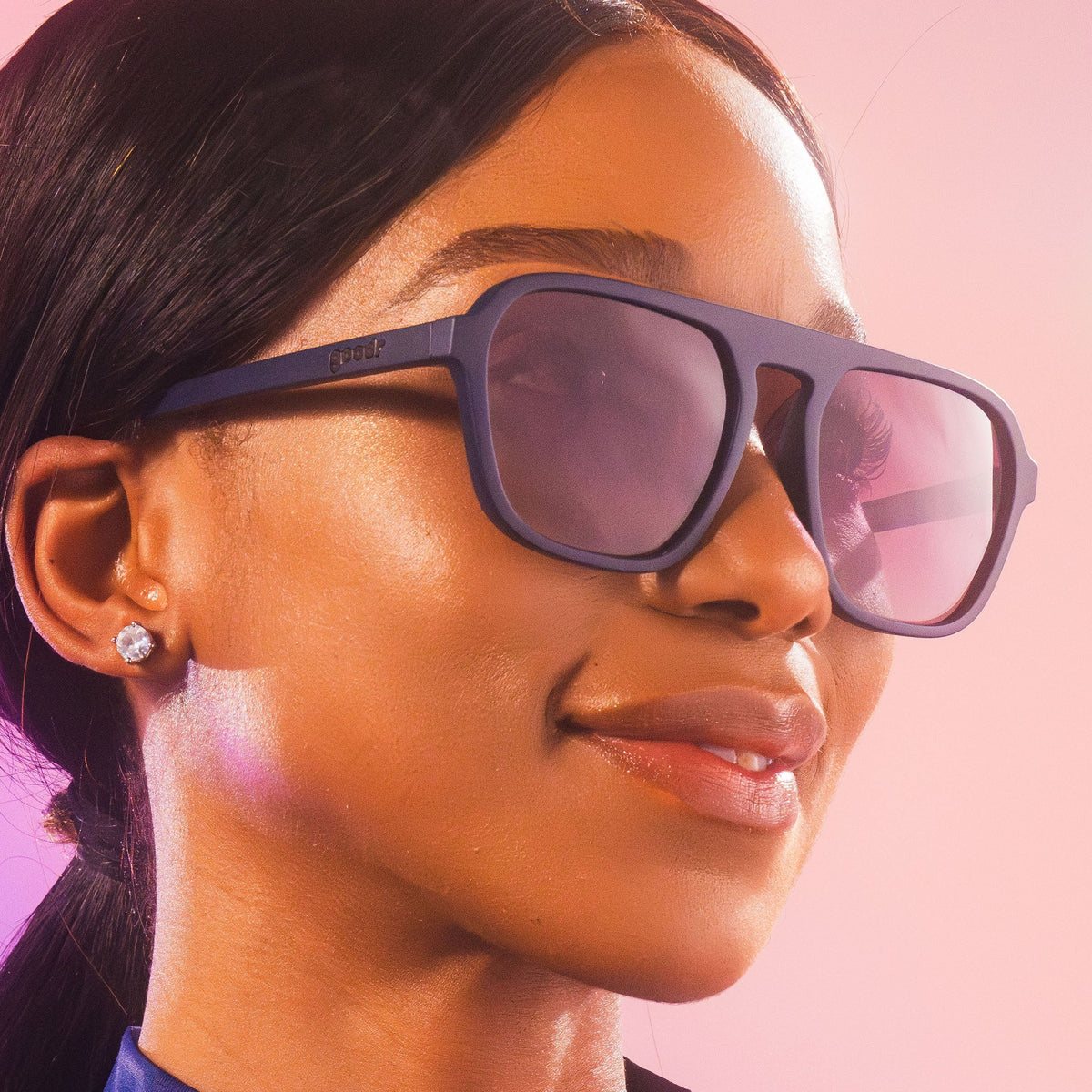 Deja Vu Daydream by Goodr, dark blue square aviator sunglasses with purple gradient lenses, stylish for outdoor wear