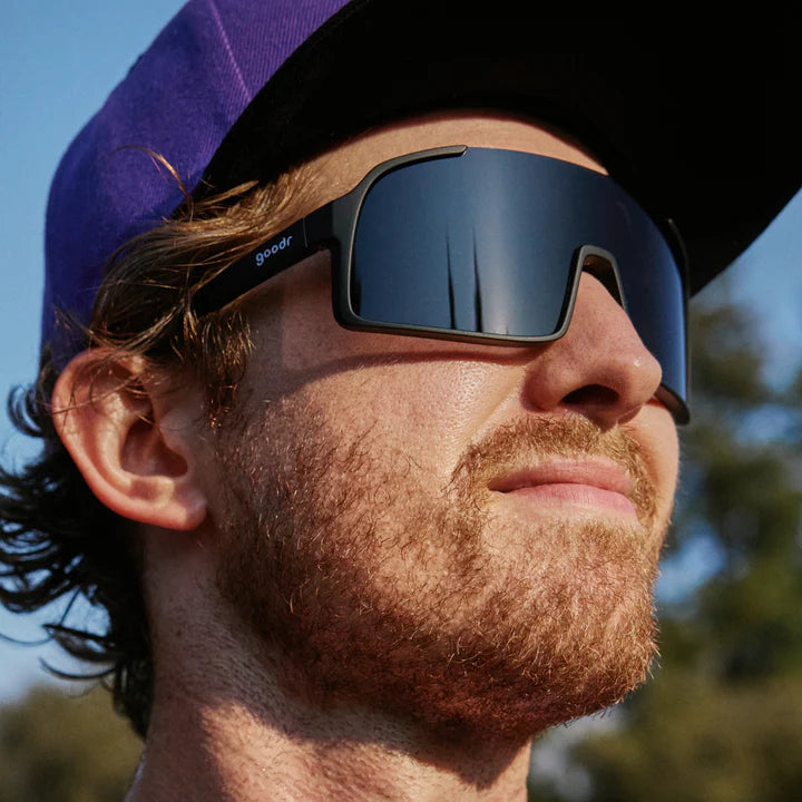 My Sweat Has an Octane Rating by Goodr in black with black gradient lenses, sporty shield sunglasses ideal for intense gym routines