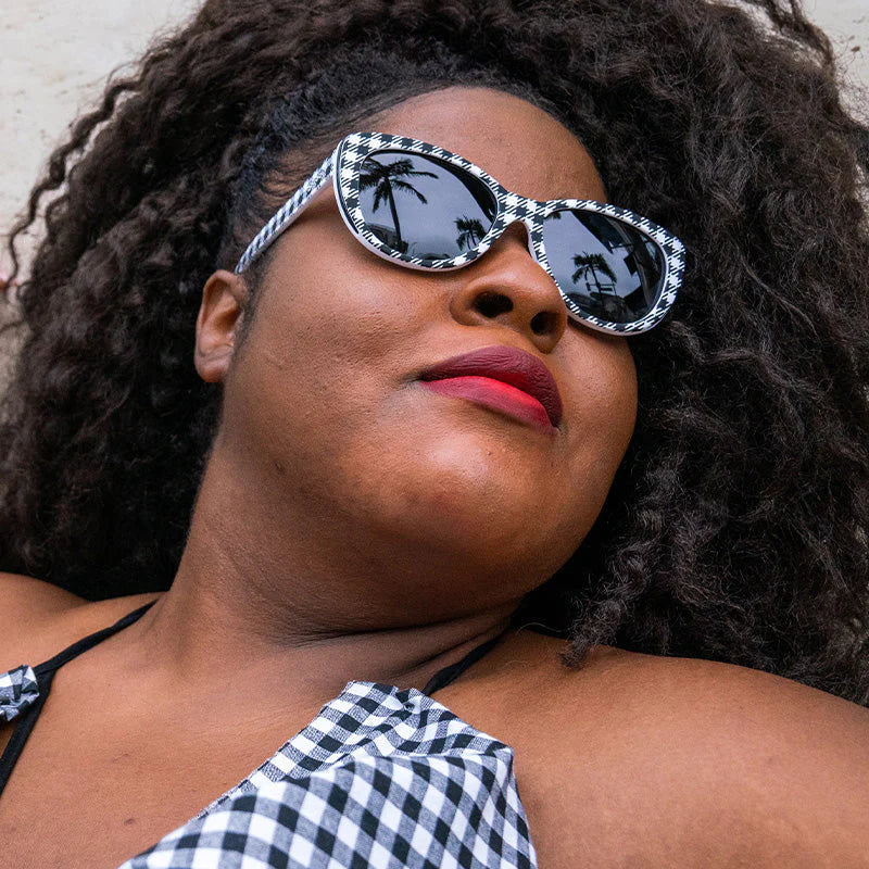 Gingham Is Sooo Last Season by Goodr polarized cateye sunglasses in black and white gingham for medium noggins ideal for outdoor use