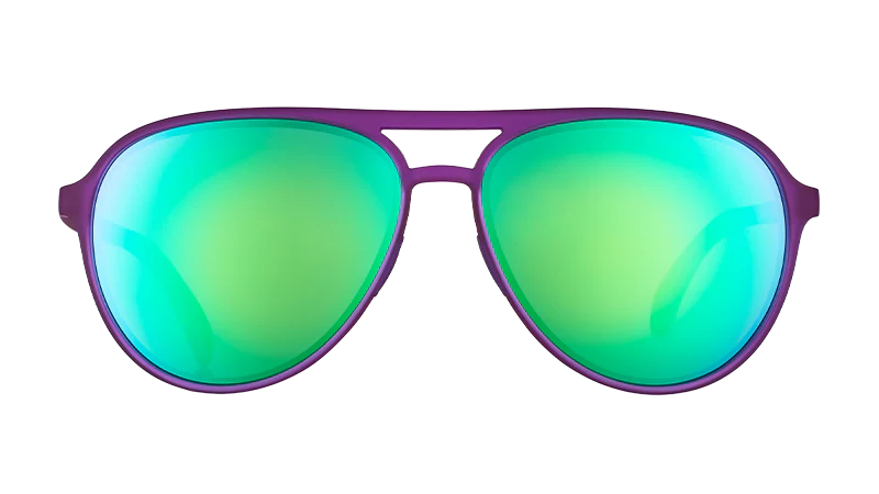 It's Octopuses, Not Octopi by Goodr aviator sunglasses in purple with green mirrored lenses, lightweight and stylish for outdoor use