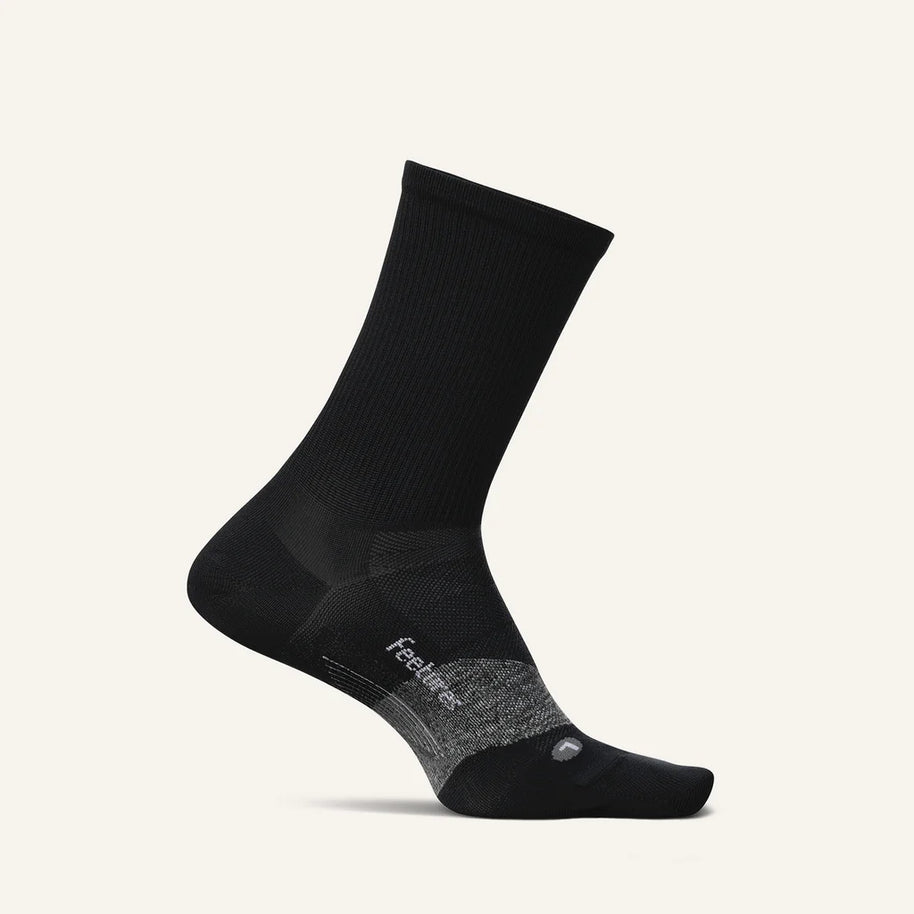 Elite Ultra Light Cushion Mini Crew by Feetures in black with targeted compression and ultra light cushioning for running comfort and support