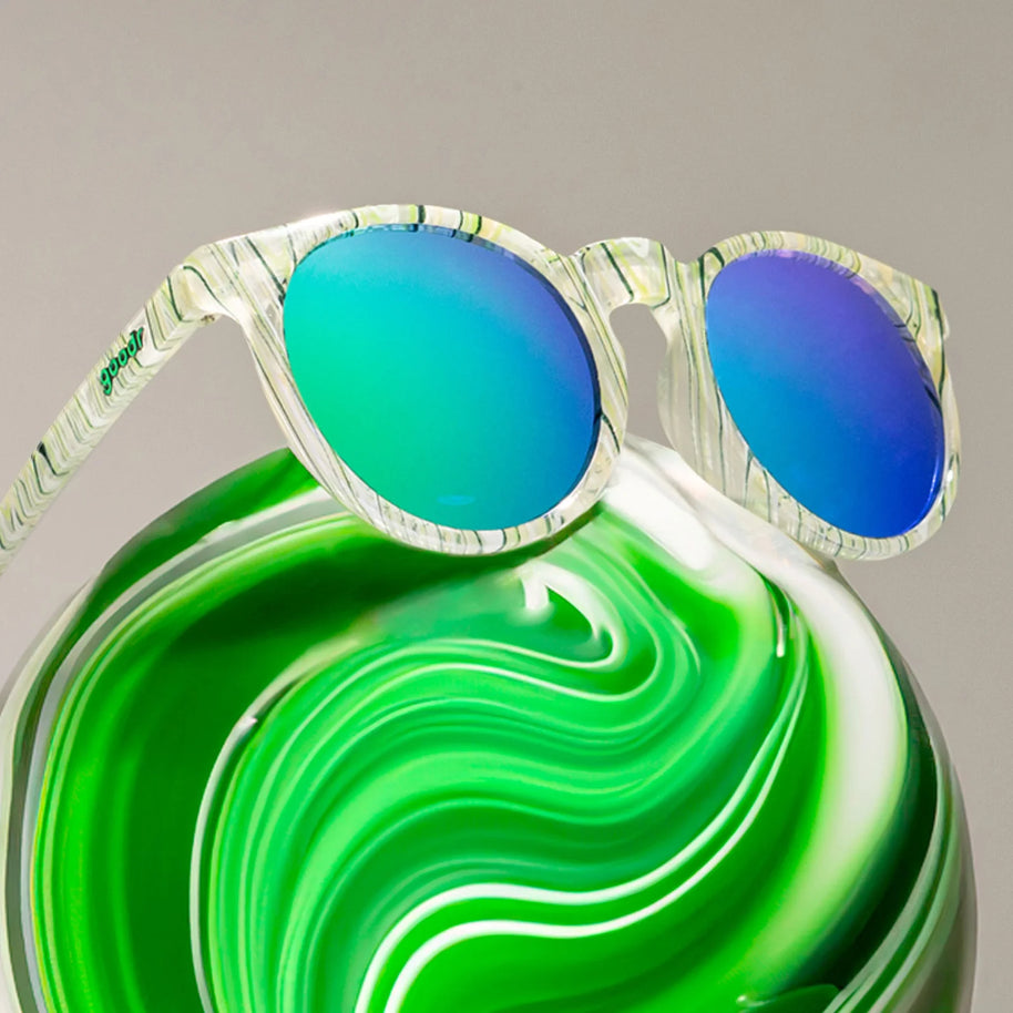 Marble Arts Master by Goodr in glossy green translucent marble with green reflective polarized lenses for no slip and steelie sm