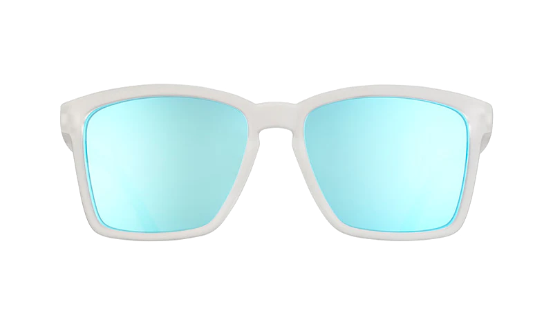 Middle Seat Advantage by Goodr in clear frame with mirrored reflective blue lenses, slim fit for smaller faces, glare reducing sunglasses ideal for outdoor use