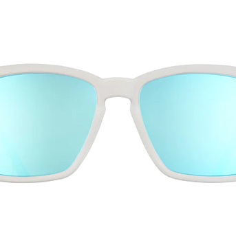 Middle Seat Advantage by Goodr in clear frame with mirrored reflective blue lenses, slim fit for smaller faces, glare reducing sunglasses ideal for outdoor use