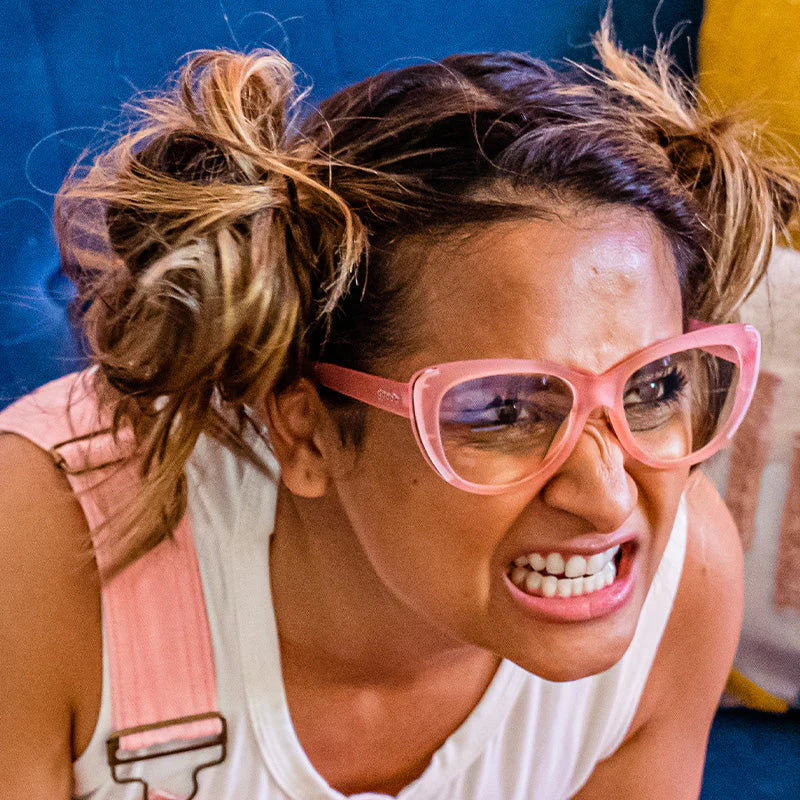 Rage Quit and Hit It by Goodr in pink cat-eye frame blue light-blocking gaming glasses for medium noggins