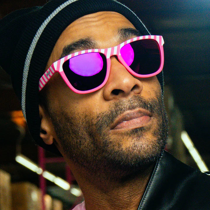 Road Twerk Ahead by Goodr in electric pink OG shades with hazard stripe design and rose reflective lenses, fun glasses for outdoor use
