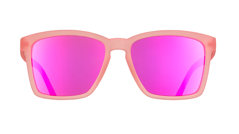 Shrimpin' Ain't Easy by Goodr in pink with mirrored reflective lenses, slim fit for smaller faces, ideal for running and outdoor use