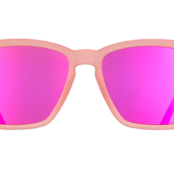 Shrimpin' Ain't Easy by Goodr in pink with mirrored reflective lenses, slim fit for smaller faces, ideal for running and outdoor use