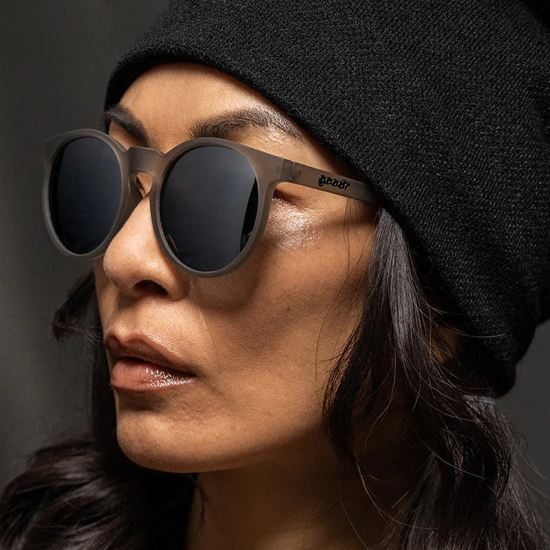 They Were Out Of Black gray round polarized sunglasses by Goodr, slim fit for smaller faces, non-slip hipster style