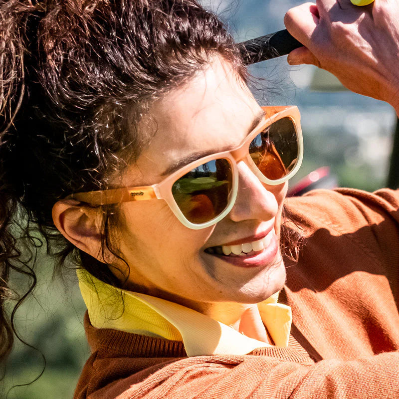 Three Parts Tee by Goodr in brown gradient with polarized high contrast lenses, ideal for golf and outdoor celebrations in the USA