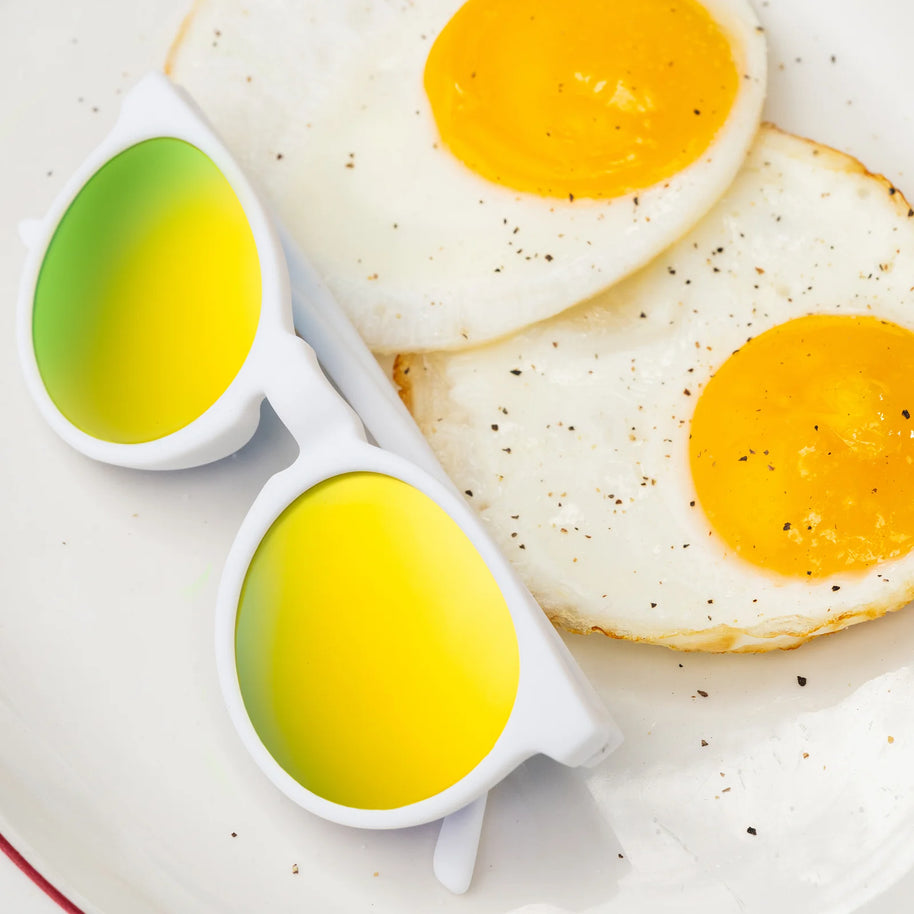 Yolk's On You by Goodr white frame sunglasses with gold reflective polarized lenses, limited edition packaging ideal for outdoor wear