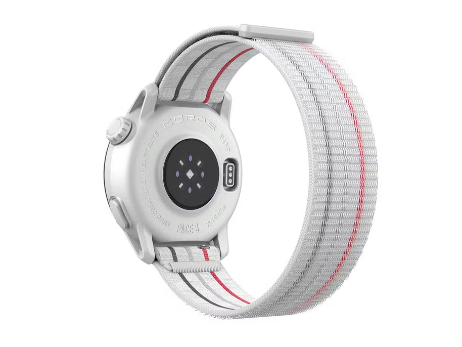 PACE 3 GPS Sport Watch by Coros in white and gray with red stripe, lightweight GPS watch for training and recovery tracking