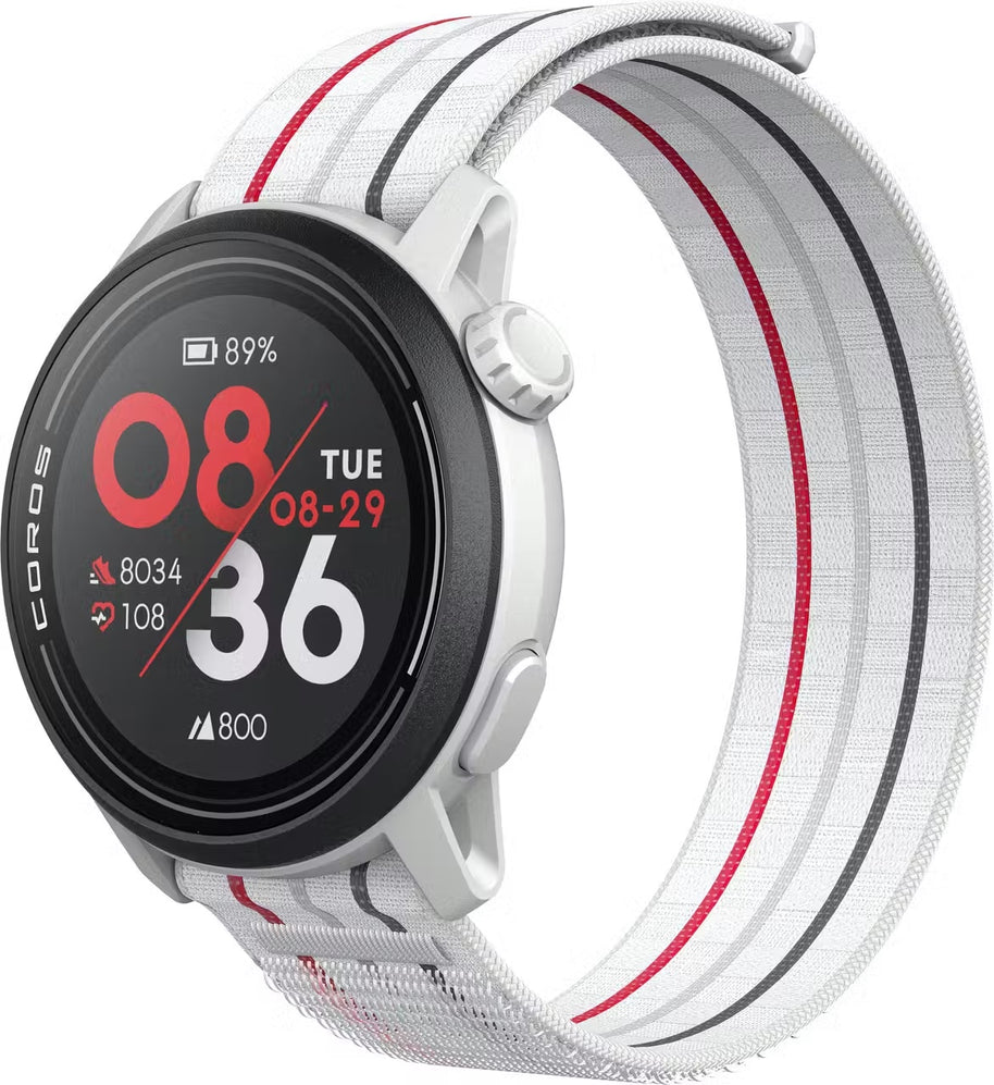 PACE 3 GPS Sport Watch by Coros in white and red, lightweight GPS watch for running with advanced training and recovery tracking